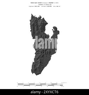 Isola Katan Kyun nel Mare delle Andamane o della Birmania, appartenente al Myanmar, isolata su una mappa di elevazione a due livelli, con scala di distanza Foto Stock