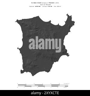 Isola di Ko Samui nel Golfo di Thailandia, appartenente alla Thailandia, isolata su una mappa di elevazione a due livelli, con scala di distanza Foto Stock
