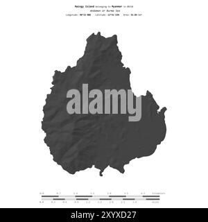 Isola di Maingy nel Mare delle Andamane o Birmania, appartenente al Myanmar, isolata su una mappa di elevazione a due livelli, con scala di distanza Foto Stock