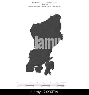 Muna Island nel Mare di banda, appartenente all'Indonesia, isolata su una mappa di elevazione a due livelli, con scala di distanza Foto Stock