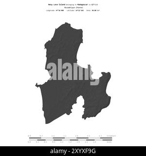 Isola di Nosy Lava nel Canale del Mozambico, appartenente al Madagascar, isolata su una mappa di elevazione a due livelli, con scala di distanza Foto Stock
