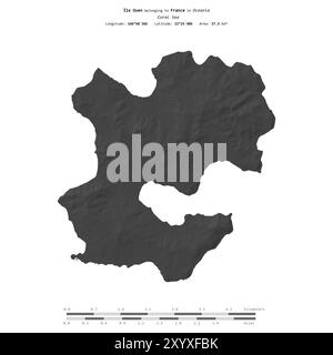 Ile Ouen nel Mar dei Coralli, appartenente alla Francia, isolato su una mappa di elevazione a due livelli, con scala di distanza Foto Stock
