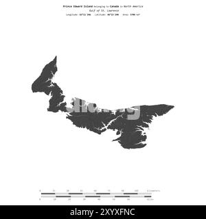 Prince Edward Island nel Golfo di San Lorenzo, appartenente al Canada, isolata su una mappa di elevazione a due livelli, con scala di distanza Foto Stock