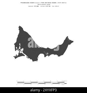 Isola Providenciales nell'Oceano Atlantico settentrionale, appartenente alle isole Turks e Caicos, isolata su una mappa di elevazione a due livelli, con scala di distanza Foto Stock