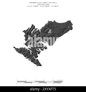 Isla Riesco nell'Oceano Pacifico meridionale, appartenente al Cile, isolata su una mappa di elevazione a due livelli, con scala di distanza Foto Stock