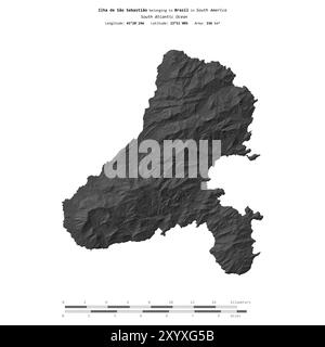 Ilha de Sao Sebastiao nell'Oceano Atlantico meridionale, appartenente al Brasile, isolata su una mappa di elevazione a due livelli, con scala di distanza Foto Stock