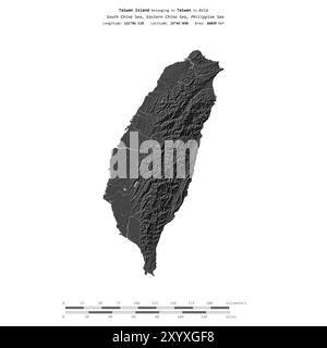 Isola di Taiwan nel Mar delle Filippine, appartenente a Taiwan, isolata su una mappa di elevazione a due livelli, con scala di distanza Foto Stock