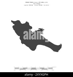 Velanai Island nella Baia del Bengala, appartenente allo Sri Lanka, isolata su una mappa a due livelli, con scala di distanza Foto Stock