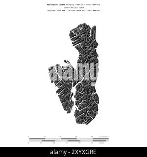 Wellington Island, nell'Oceano Pacifico meridionale, appartenente al Cile, isolata su una mappa di elevazione a due livelli, con scala di distanza Foto Stock
