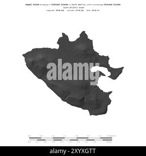 Isola di Keppel nell'Oceano Atlantico meridionale, appartenente alle Isole Falkland, isolata su una mappa di elevazione a due livelli, con scala di distanza Foto Stock