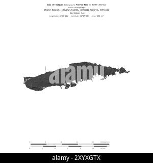 Isla de Vieques nel Mar dei Caraibi, appartenente a Porto Rico, isolata su una mappa a due livelli, con scala di distanza Foto Stock