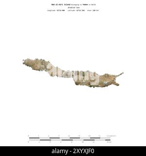 Isola Abd al-Kuri nel Mar Arabico, appartenente allo Yemen, isolata su un'immagine satellitare scattata il 12 febbraio 2024, con scala di distanza Foto Stock