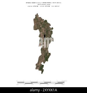 Arrowsic Island nell'Oceano Atlantico settentrionale, appartenente agli Stati Uniti, isolata su un'immagine satellitare scattata il 9 aprile 2023, con scala di distanza Foto Stock