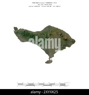 Pulau Bali nel mare di Bali, appartenente all'Indonesia, isolato su un'immagine satellitare scattata il 10 luglio 2011, con scala di distanza Foto Stock