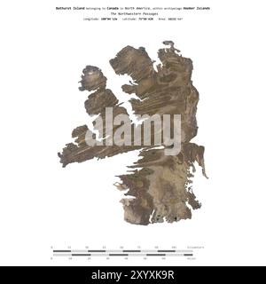 L'isola di Bathurst nei passaggi nord-occidentali, appartenente al Canada, isolata su un'immagine satellitare scattata il 6 gennaio 2018, con scala di distanza Foto Stock