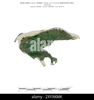 Isola di Borkum nel Mare del Nord, appartenente alla Germania, isolata su un'immagine satellitare scattata l'11 maggio 2024, con scala di distanza Foto Stock