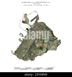 Bur Dubai Island nel Golfo Persico, appartenente agli Emirati Arabi Uniti, isolata su un'immagine satellitare scattata il 23 gennaio 2024, con scala di distanza Foto Stock