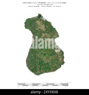 Isola di Caluya nel Mare di Sulu, appartenente alle Filippine, isolata su un'immagine satellitare scattata l'8 dicembre 2023, con scala di distanza Foto Stock