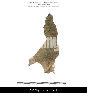 Cedros Island, nell'Oceano Pacifico settentrionale, appartenente al Messico, isolata su un'immagine satellitare scattata il 7 gennaio 2023, con scala di distanza Foto Stock