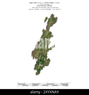 Isola di Gigha nel Mare interno al largo della costa occidentale della Scozia, appartenente al Regno Unito, isolata su un'immagine satellitare scattata il 14 giugno 2023, con Foto Stock