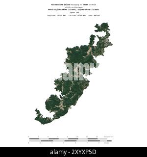 Isola di Hiradoshima nel Mar del Giappone, appartenente al Giappone, isolata su un'immagine satellitare scattata il 21 ottobre 2023, con scala di distanza Foto Stock