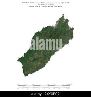 Isola di Itsukushima nel Seto Naikai o Mare interno, appartenente al Giappone, isolata su un'immagine satellitare scattata il 10 aprile 2024, con scala di distanza Foto Stock