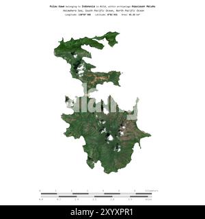 Pulau Kawe nel Mare di Halmahera, appartenente all'Indonesia, isolato su un'immagine satellitare scattata il 23 gennaio 2020, con scala di distanza Foto Stock