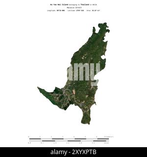 Isola di Ko Yao noi nello stretto di Malacca, appartenente alla Thailandia, isolata su un'immagine satellitare scattata il 15 febbraio 2024, con scala di distanza Foto Stock