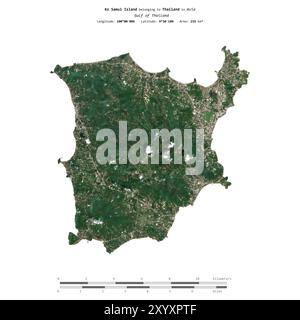 Isola di Ko Samui nel Golfo di Thailandia, appartenente alla Thailandia, isolata su un'immagine satellitare scattata l'11 febbraio 2019, con scala di distanza Foto Stock
