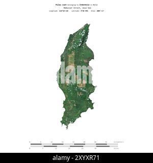 Pulau Laut nel Mar di Giava, appartenente all'Indonesia, isolato su un'immagine satellitare scattata il 16 dicembre 2023, con scala di distanza Foto Stock