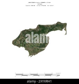 Isola LS nel Kattegat, appartenente alla Danimarca, isolata su un'immagine satellitare scattata il 12 maggio 2023, con scala di distanza Foto Stock