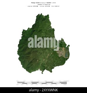 Isola di Maingy nel Mare delle Andamane o Birmania, appartenente al Myanmar, isolata su un'immagine satellitare scattata il 20 dicembre 2023, con scala di distanza Foto Stock