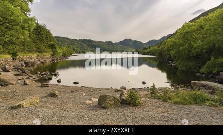 Le pietre a Riva del Llyn Crafnant, vicino Trefriw, Conwy, Wales, Regno Unito Foto Stock