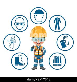 Ingegnere di sicurezza industriale con imbracatura di sicurezza e dispositivi di protezione individuale per lavorare in quota ed evitare cadute. Icone di sicurezza. Pressione di sicurezza Illustrazione Vettoriale