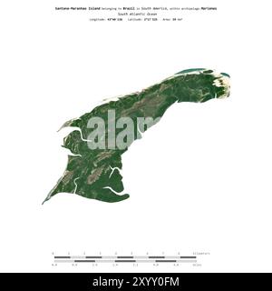 Isola Santana-Maranhao nell'Oceano Atlantico meridionale, appartenente al Brasile, isolata su un'immagine satellitare scattata il 28 giugno 2023, con scala di distanza Foto Stock