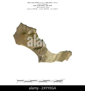 Isola di Santa Luzia nell'Oceano Atlantico settentrionale, appartenente a Capo Verde, isolata su un'immagine satellitare scattata il 22 marzo 2023, con scala di distanza Foto Stock