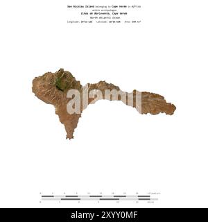 Isola di Sao Nicolau nell'Oceano Atlantico settentrionale, appartenente a Capo Verde, isolata su un'immagine satellitare scattata il 7 marzo 2023, con scala di distanza Foto Stock