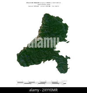 Ilha de Sao Sebastiao nell'Oceano Atlantico meridionale, appartenente al Brasile, isolata su un'immagine satellitare scattata il 5 luglio 2020, con scala di distanza Foto Stock