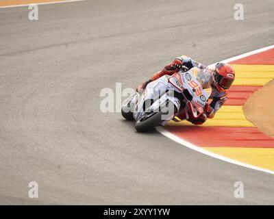 93 Marc Marquez (Spa-Gresini Racing Ducati) durante il Moto Grand Prix GoPro di Aragon qualifica MotoGP sabato, MotoGP di Spagna al circuito Motorland di Alcaniz il 31 agosto 2024 ad Alcaniz, Spagna. Durante il Gran Premio GoPro de Aragon, Campionato del mondo MotoGP ad Aragona, Spagna, agosto 31 2024 credito: Independent Photo Agency Srl/Alamy Live News Foto Stock