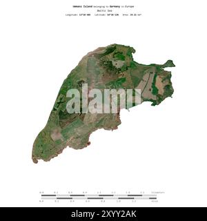 Isola Ummanz nel Mar Baltico, appartenente alla Germania, isolata su un'immagine satellitare scattata il 15 maggio 2024, con scala di distanza Foto Stock