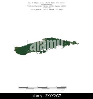 Isla de Vieques nel Mar dei Caraibi, appartenente a Porto Rico, isolata su un'immagine satellitare scattata il 3 dicembre 2023, con scala di distanza Foto Stock