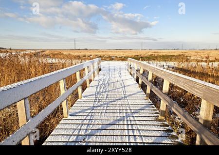 Ponte in legno per biciclette sulla neve in inverno Foto Stock