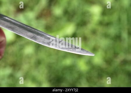 Blick am Freitag 30.08.2024 in der Peenestadt Neukalen Landkreis Mecklenburgische Seenplatte auf ein Jagdmesser vor einer Grünfläche. Die Bundesrepublik will ihre Gesetze nach dem tödlichen Messangriff von Solingen noch einmal weiter verschärfen. Danach soll u.a. das Mitführen von Messern mit einer Klingenlänge über sechs Zentimeter untersagt sein. *** Vai al 30 08 2024 nella città di Peene di Neukalen, nel distretto dei laghi del Meclemburgo, su un coltello da caccia di fronte a un'area verde la Repubblica Federale di Germania vuole inasprire ulteriormente le sue leggi dopo il mortale attacco con coltello a Solingen Foto Stock