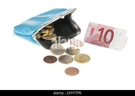 Un portafoglio con monete in euro e banconota da 10 euro, Vienna, Austria, Europa Foto Stock