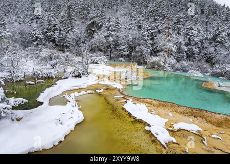 Vista del colorato lago ghiacciato e degli alberi innevati a Huanglong, Sichuan, Cina, Asia Foto Stock