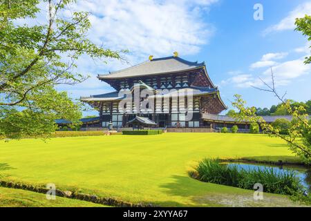 Ampio prato verde sulla facciata di ingresso frontale, sui terreni della sala principale del grande Buddha, Daibutsuden, su una bella mattinata d'estate con cielo blu al tempio Todai-ji Foto Stock