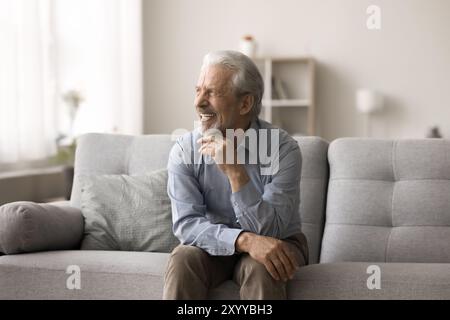 Sognante pensivo anziano dai capelli grigi che si rilassa da solo a casa Foto Stock