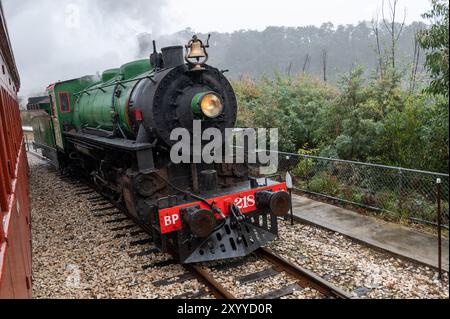 Una locomotiva a vapore n. 218A classe C16 della ferrovia Zig-zag si dirige verso la parte anteriore del turista stazionario che trasporta carrozze d'epoca a Top poi Foto Stock