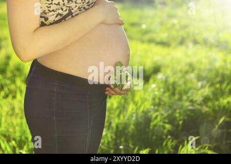 Close up di un irriconoscibile donna incinta a sfondo di sunrise Foto Stock