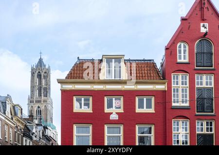 Una casa in piazza De Neude con il campanile della cattedrale sullo sfondo nel centro storico di Utrecht, Paesi Bassi Foto Stock